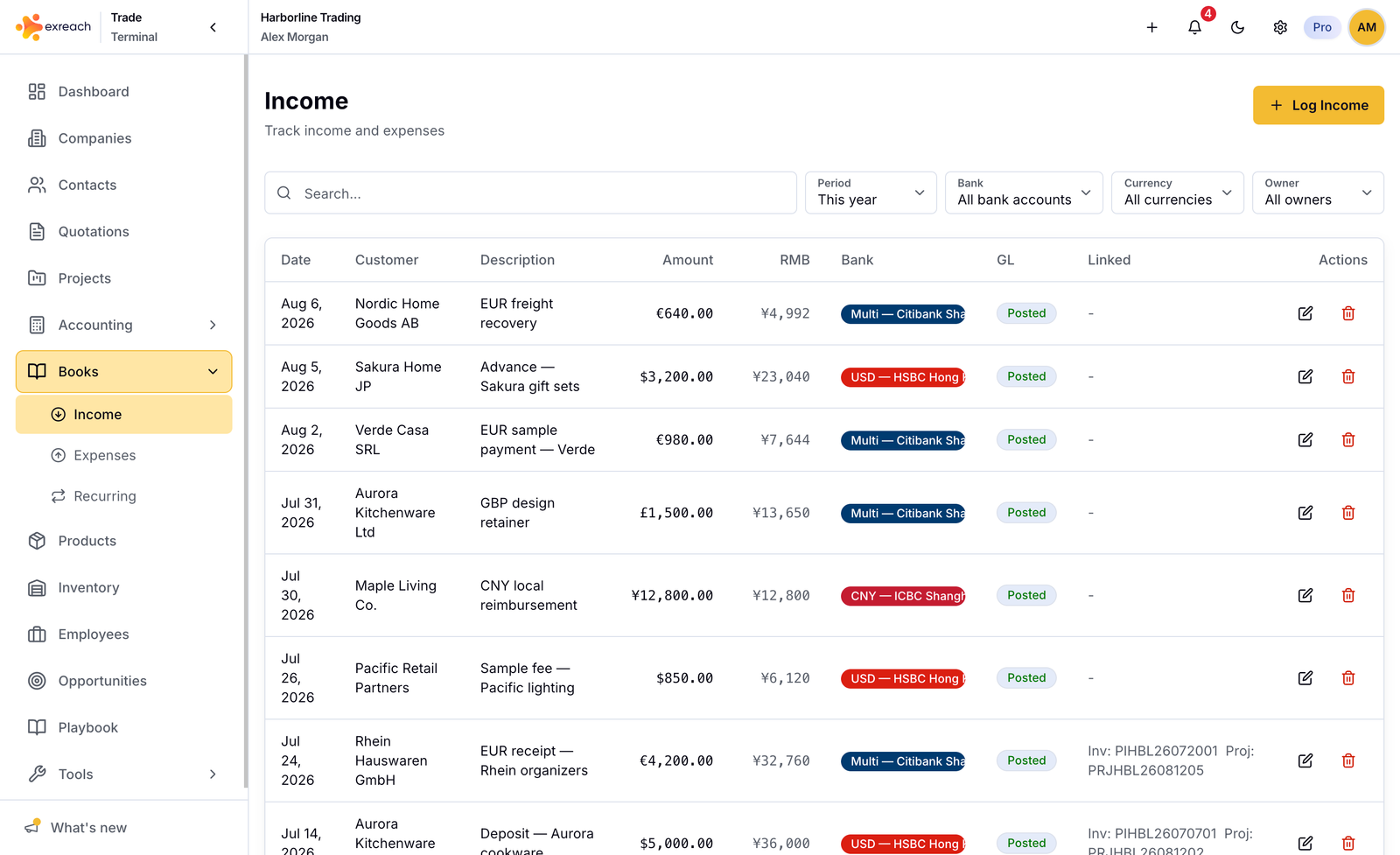 Exreach Books income list with dual-currency cash movement