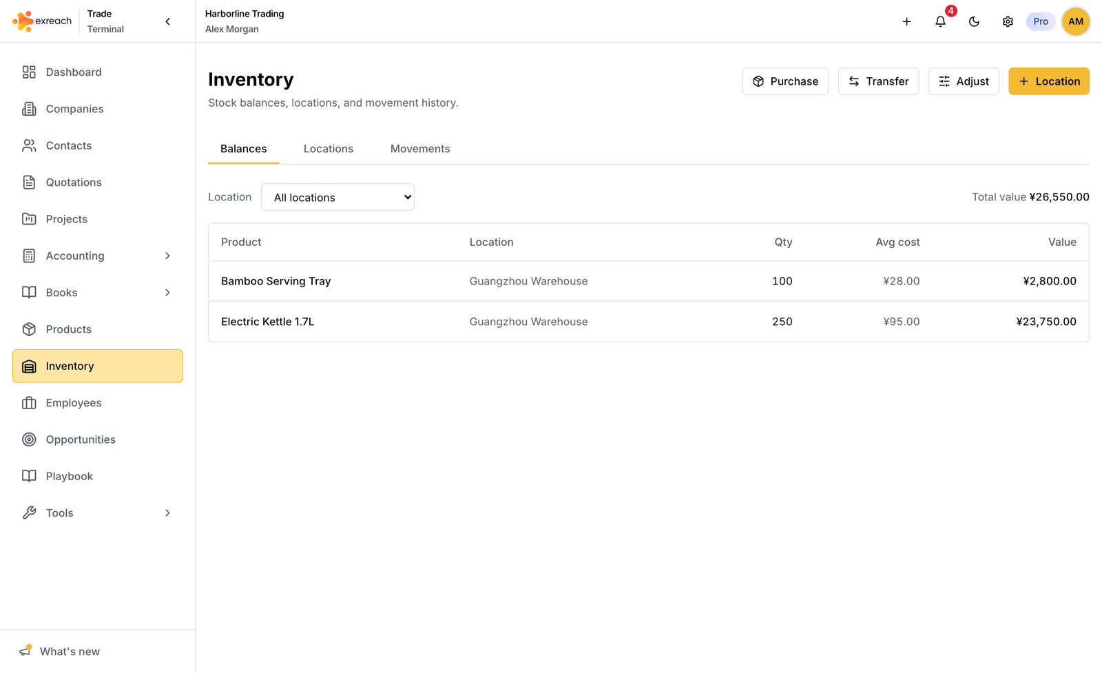 Exreach inventory stock levels linked to sourcing fulfillment