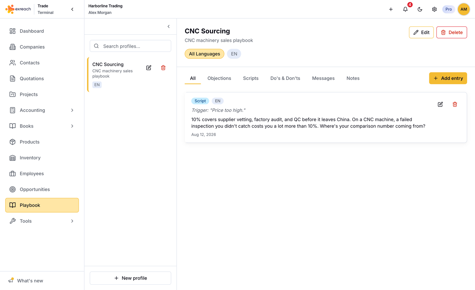 Exreach playbook with shared sales guidance for the desk