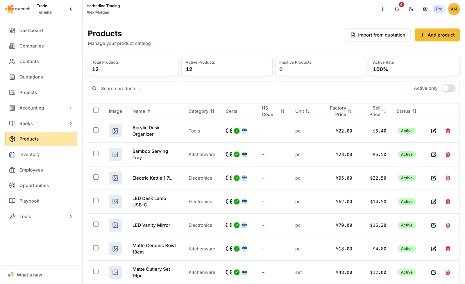 Exreach products catalog with specs and pricing context