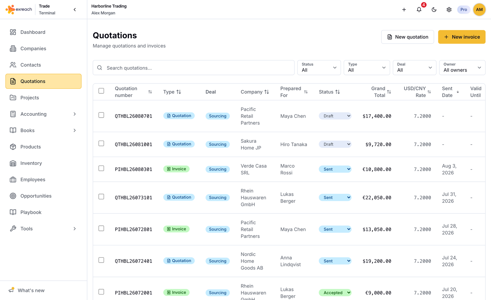 Exreach quotations and invoices list with status, totals, and exchange rates