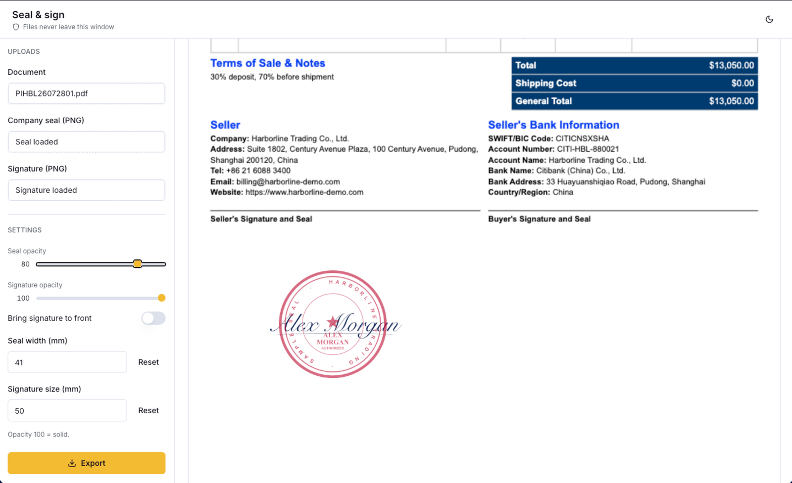 Exreach Seal and Sign applying company seal and signature on a document